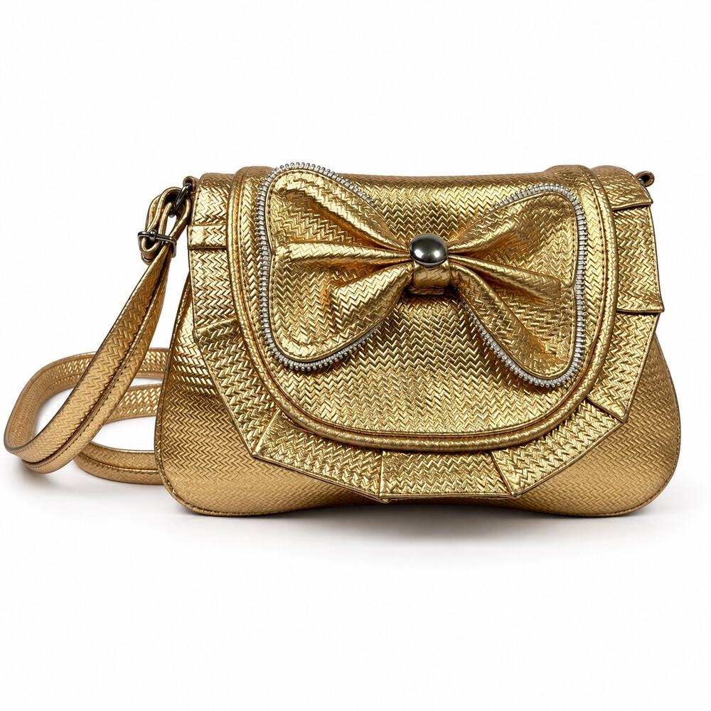 Brighton Metallic Gold Woven Bow Crossbody Shoulder Bag Leather Womens Purse